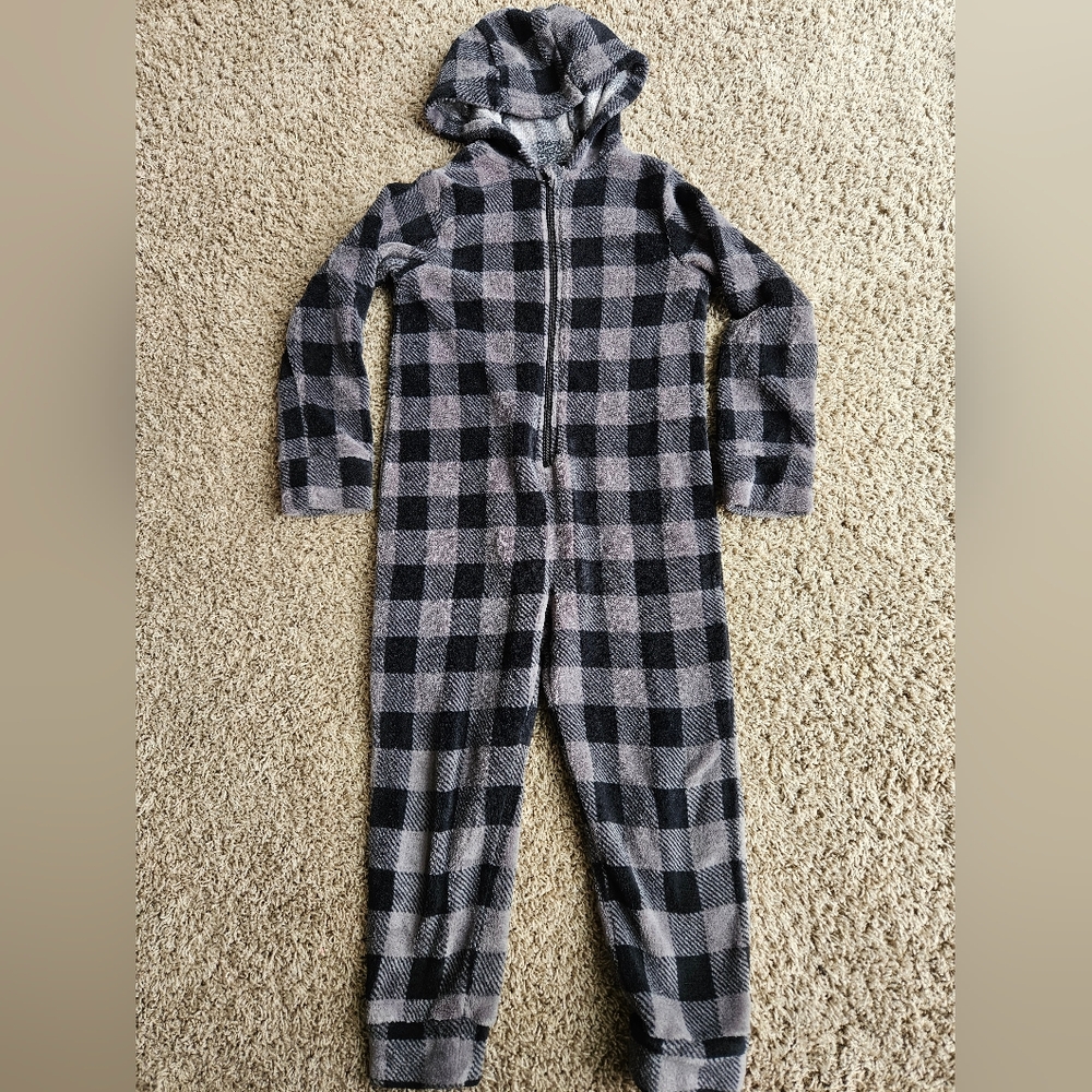 Black and Gray Plaid Kids Hooded Onesie